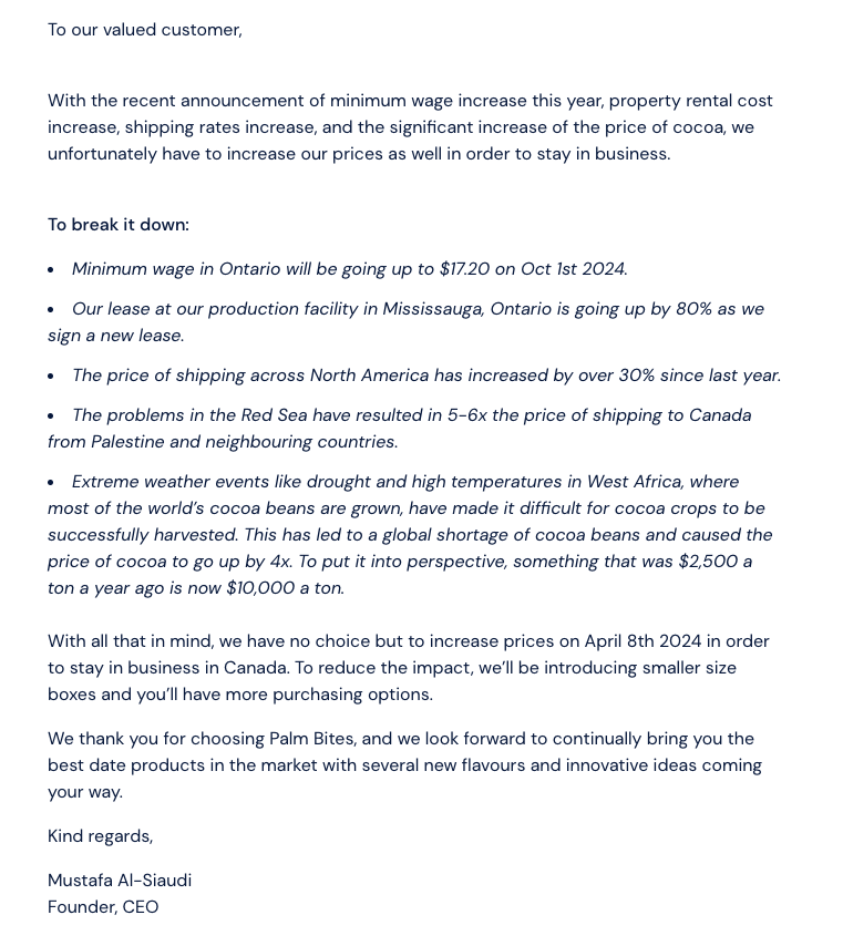 Price increase coming into effect on April 8th 2024