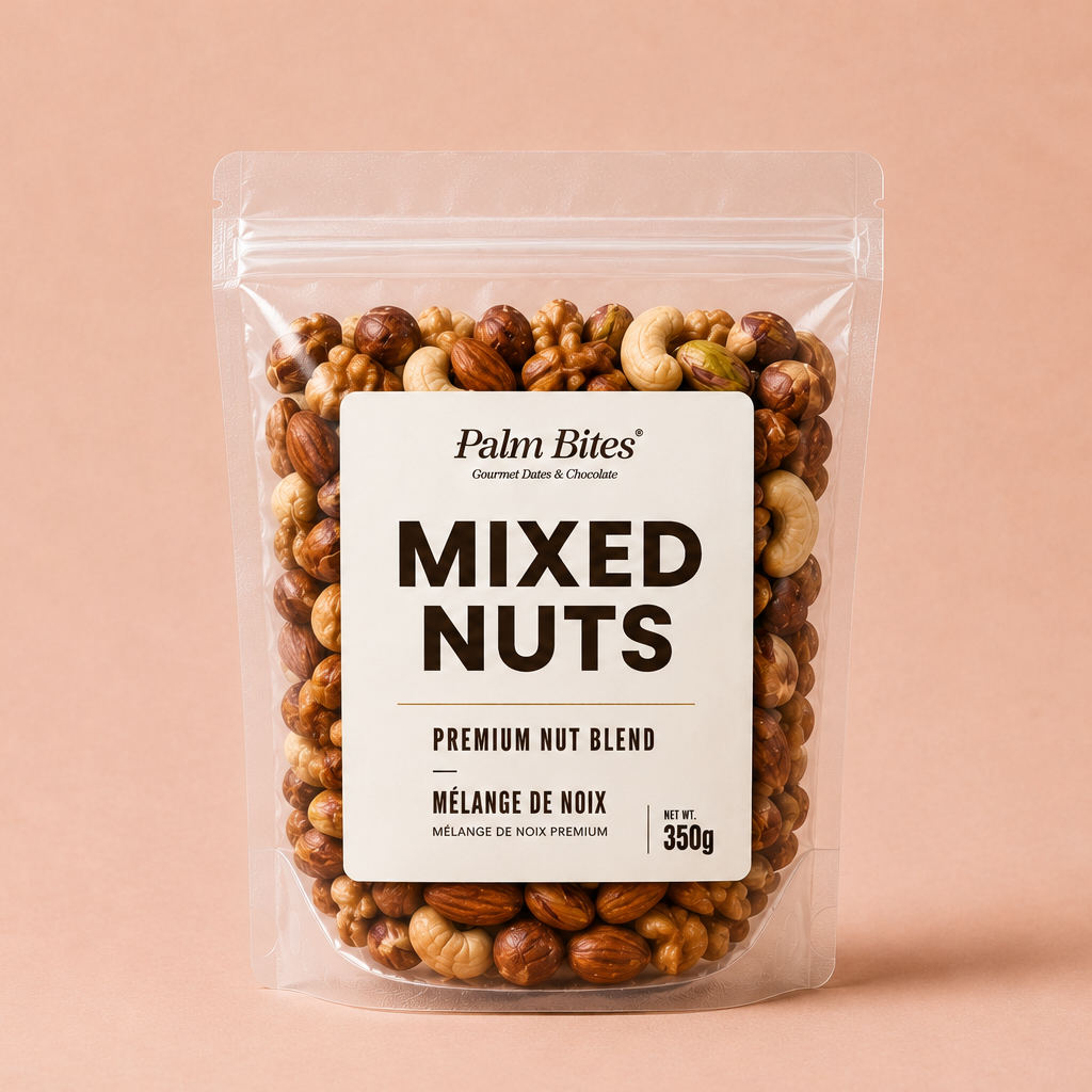 Packaged mixed nuts with 'Palm Bites' label on a beige background