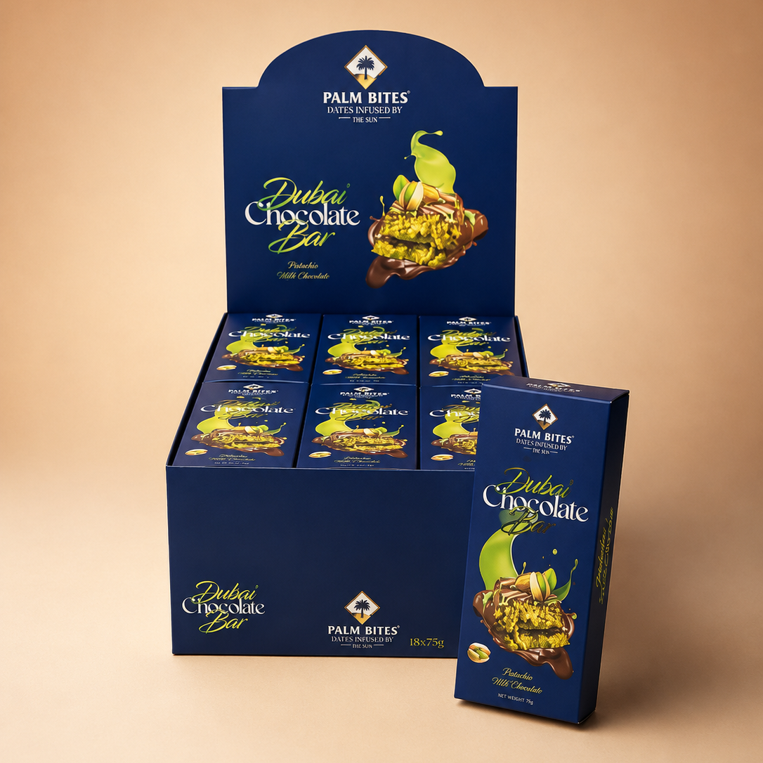 Display of Palm Bites Dubai Chocolate Bar packaging on a beige background