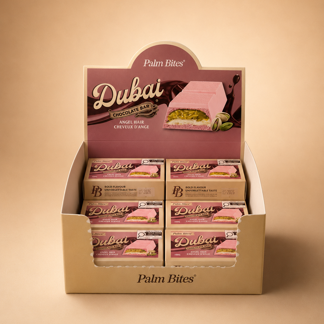 Display box of Palm Bites Dubai chocolate bars on a beige background